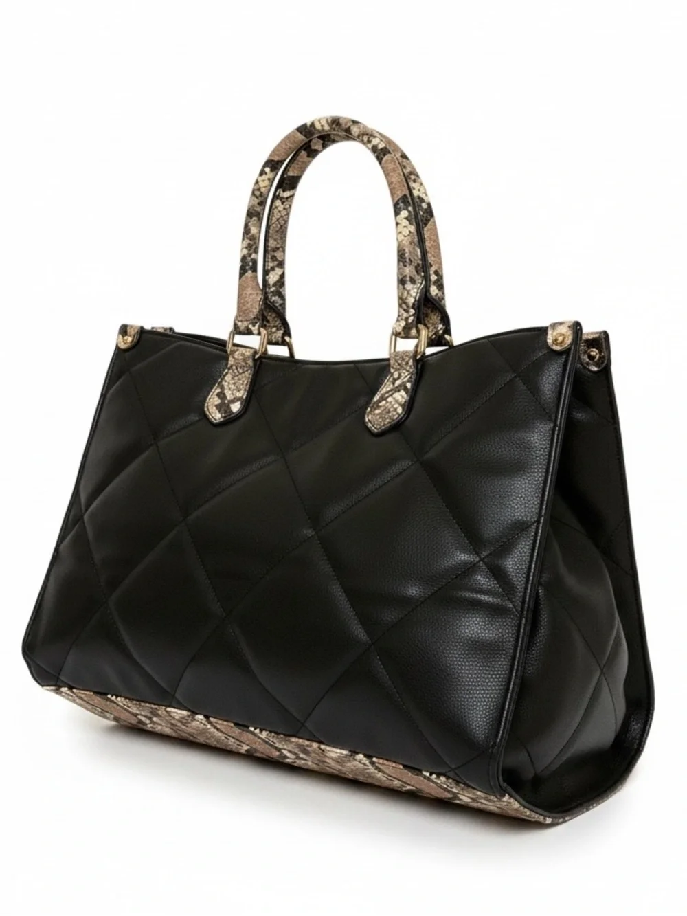 Chico’s Structured Camel and Black Tote Handbag with Snake-Print Trim NWOT